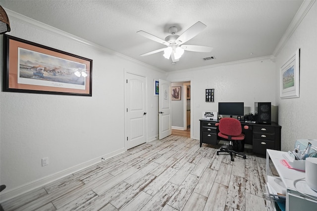 2800 E Fm 4, Cleburne, TX 76031 - home office with crown molding, light wood finished floors, a ceiling fan, a textured ceiling, and baseboards