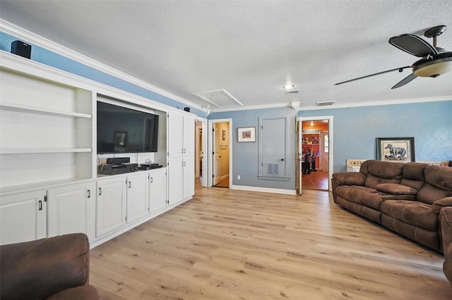 2800 E Fm 4, Cleburne, TX 76031 - living area with attic access, crown molding, light wood-style flooring, a textured ceiling, and a ceiling fan