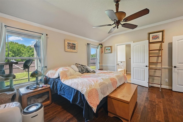 2800 E Fm 4, Cleburne, TX 76031 - bedroom featuring lofted ceiling, ornamental molding, dark wood-style flooring, ensuite bath, and a ceiling fan