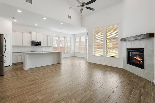 3104 Lakewood Bluffs Trl, Lewisville, TX 75010 - kitchen featuring appliances with stainless steel finishes, open floor plan, light wood-style floors, a tile fireplace, and a sink