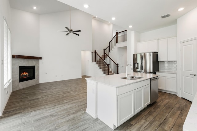 3104 Lakewood Bluffs Trl, Lewisville, TX 75010 - kitchen featuring a sink, appliances with stainless steel finishes, open floor plan, light wood-type flooring, and ceiling fan