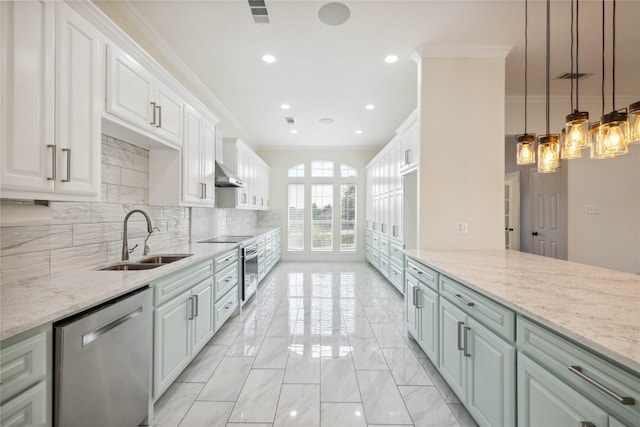 3517 Grants Lndg, Fort Worth, TX 76179 - kitchen with stainless steel appliances, a sink, extractor fan, ornamental molding, and light marble finish floors