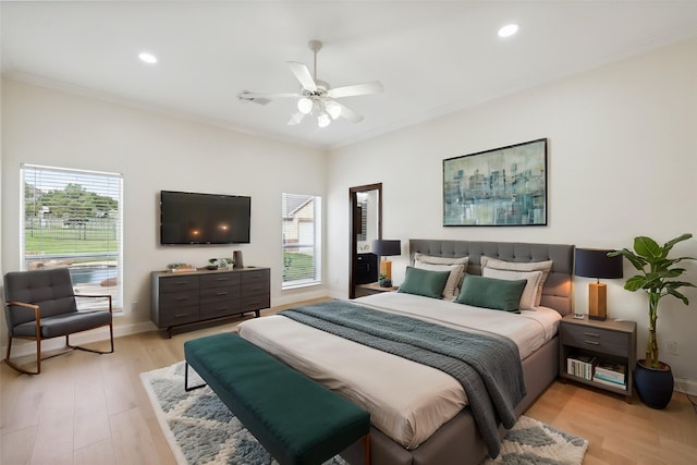 3517 Grants Lndg, Fort Worth, TX 76179 - bedroom with ornamental molding, light wood finished floors, recessed lighting, baseboards, and a ceiling fan