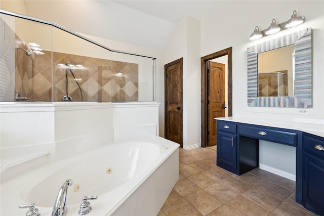 3517 Grants Lndg, Fort Worth, TX 76179 - full bath featuring a whirlpool tub, vanity, a tile shower, baseboards, and lofted ceiling