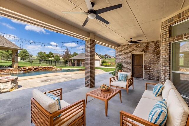 3517 Grants Lndg, Fort Worth, TX 76179 - view of patio / terrace featuring a ceiling fan, an outdoor living space, and an outdoor pool