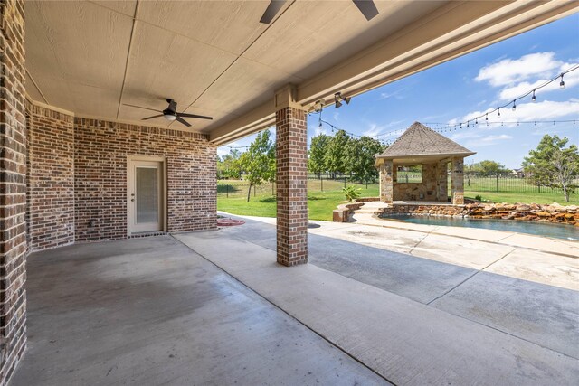 3517 Grants Lndg, Fort Worth, TX 76179 - view of patio / terrace with ceiling fan, a gazebo, and an outdoor pool
