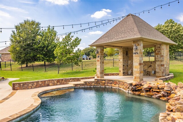 3517 Grants Lndg, Fort Worth, TX 76179 - view of swimming pool with a gazebo, a fireplace, and a patio area