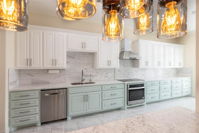 3517 Grants Lndg, Fort Worth, TX 76179 - kitchen featuring stainless steel appliances, wall chimney exhaust hood, a sink, crown molding, and decorative backsplash