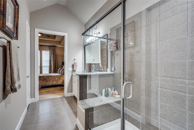 5413 Rowlett Creek Way, Mckinney, TX 75070 - full bathroom with connected bathroom, a shower stall, ceiling fan, baseboards, and vaulted ceiling