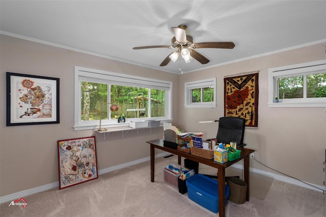 6237 Dillingham Ave, Shreveport, LA 71106 - home office with ceiling fan, baseboards, light colored carpet, and crown molding