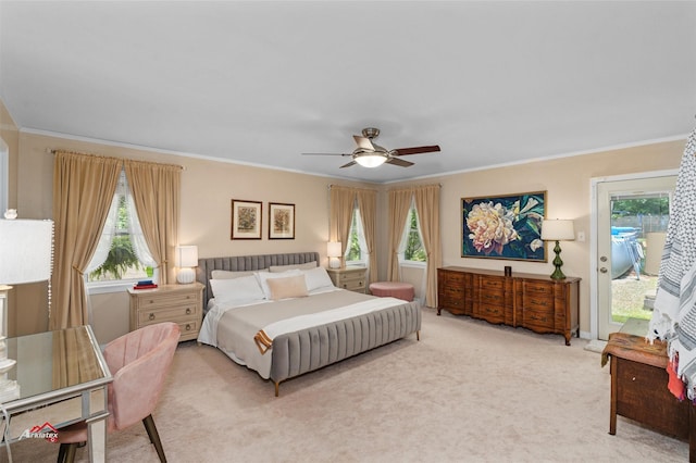 6237 Dillingham Ave, Shreveport, LA 71106 - bedroom featuring multiple windows, crown molding, light colored carpet, access to outside, and ceiling fan