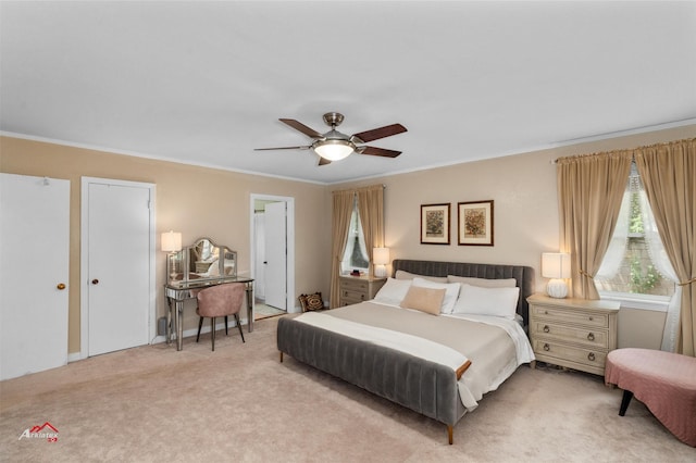 6237 Dillingham Ave, Shreveport, LA 71106 - bedroom with light colored carpet, ornamental molding, and ceiling fan