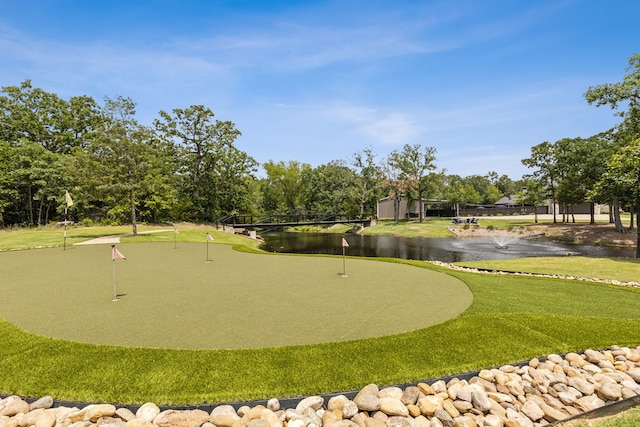 7404 Sandy Lake Rd, Quinlan, TX 75474 - surrounding community with a putting area, a water view, and view of wooded area