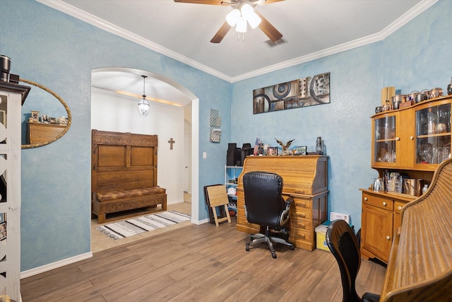 568 Willowview Dr, Saginaw, TX 76179 - home office featuring arched walkways, wood finished floors, ceiling fan, ornamental molding, and baseboards