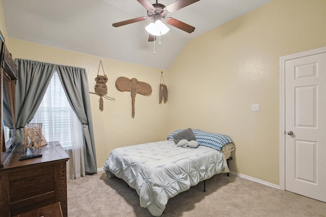568 Willowview Dr, Saginaw, TX 76179 - bedroom featuring light carpet, lofted ceiling, baseboards, and a ceiling fan