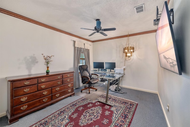 3245 Gail Ct, Irving, TX 75060 - carpeted home office featuring ceiling fan, baseboards, a textured ceiling, and crown molding