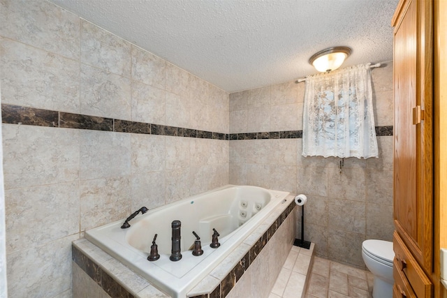3245 Gail Ct, Irving, TX 75060 - bathroom featuring tile walls, a textured ceiling, a whirlpool tub, toilet, and tile patterned flooring