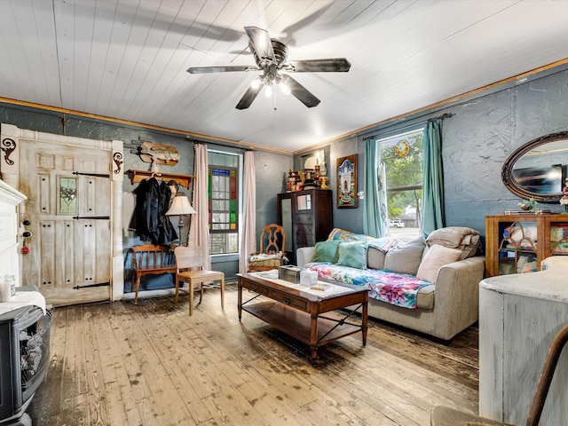 301 S Main St, Crandall, TX 75114 - living area with a ceiling fan, hardwood / wood-style flooring, crown molding, and wooden ceiling