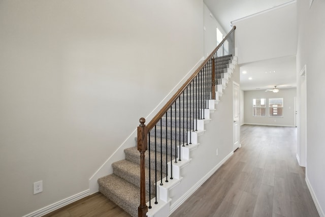 511 Willet Dr, Mckinney, TX 75069 - stairway with wood finished floors, baseboards, ceiling fan, recessed lighting, and a towering ceiling