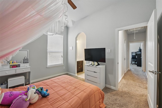 15805 Gladewater Ter, Prosper, TX 75078 - bedroom featuring lofted ceiling, attic access, light colored carpet, ensuite bathroom, and arched walkways