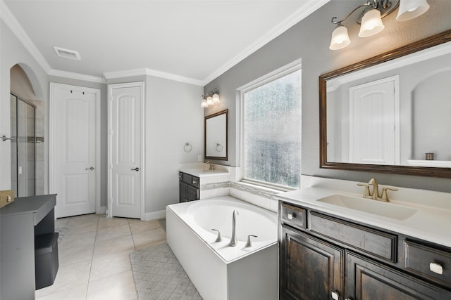 15805 Gladewater Ter, Prosper, TX 75078 - full bathroom with a shower stall, a garden tub, two vanities, crown molding, and tile patterned flooring