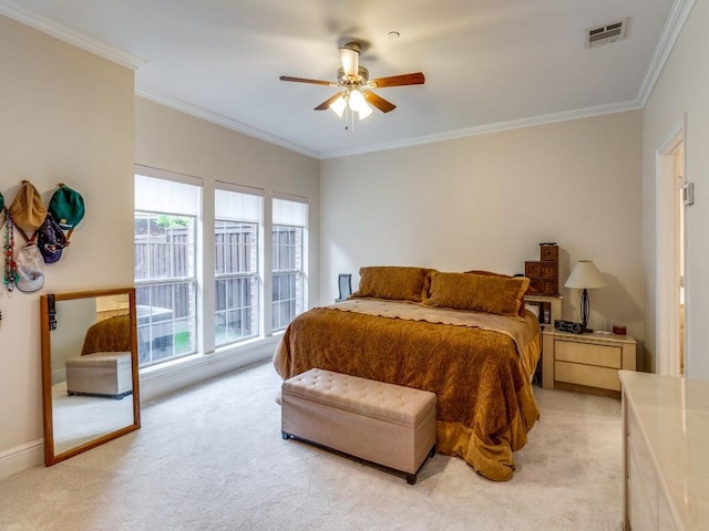 4138 Towne Green Cir, Addison, TX 75001 - bedroom with light carpet, crown molding, a ceiling fan, and baseboards
