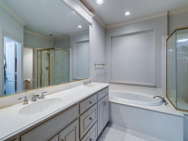 4138 Towne Green Cir, Addison, TX 75001 - full bath with ornamental molding, a stall shower, a garden tub, double vanity, and recessed lighting