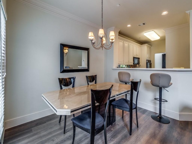 4138 Towne Green Cir, Addison, TX 75001 - dining room with baseboards, a chandelier, dark wood finished floors, crown molding, and recessed lighting