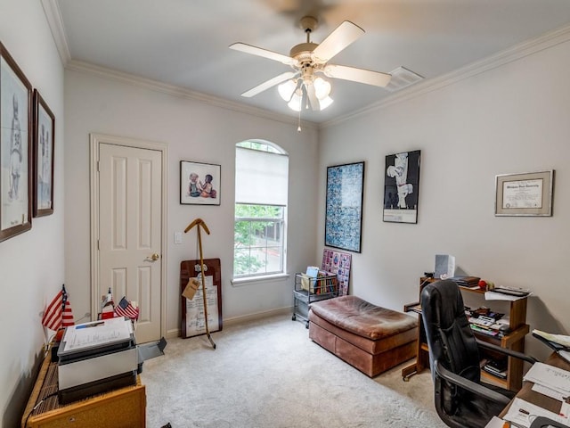 4138 Towne Green Cir, Addison, TX 75001 - home office with carpet floors, crown molding, a ceiling fan, and baseboards