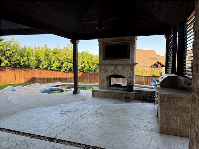 2802 Castlereach St, Trophy Club, TX 76262 - fenced backyard featuring an outdoor stone fireplace, a patio area, a ceiling fan, and a gazebo