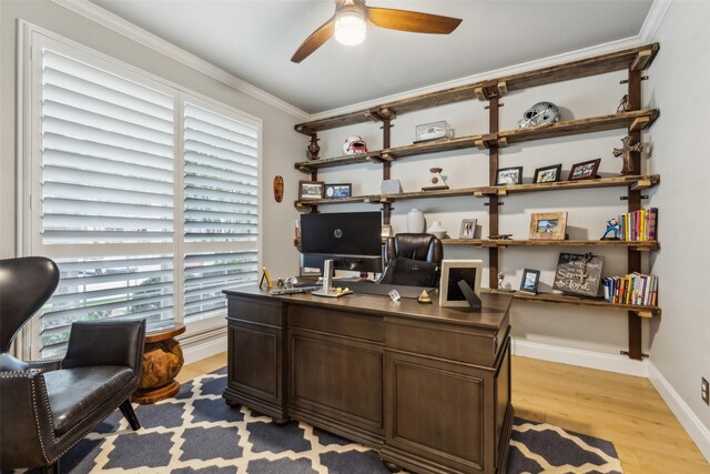 5213 Evening Sun Dr, Frisco, TX 75034 - home office featuring light wood finished floors, a ceiling fan, crown molding, and baseboards