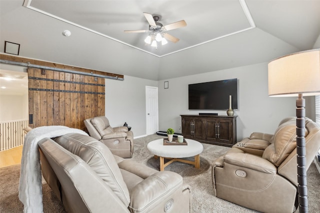 5213 Evening Sun Dr, Frisco, TX 75034 - carpeted living area with ceiling fan and vaulted ceiling