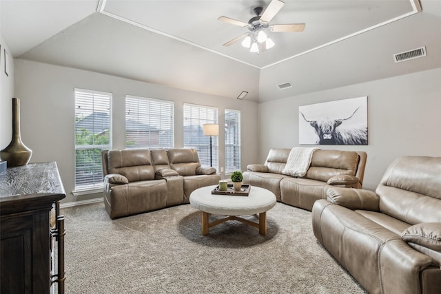 5213 Evening Sun Dr, Frisco, TX 75034 - living area with vaulted ceiling, a ceiling fan, and carpet flooring