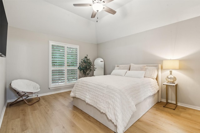 5213 Evening Sun Dr, Frisco, TX 75034 - bedroom featuring light wood-style floors, baseboards, ceiling fan, and vaulted ceiling