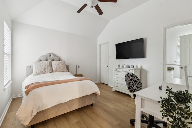 5213 Evening Sun Dr, Frisco, TX 75034 - bedroom featuring lofted ceiling, light wood-style floors, baseboards, and ceiling fan