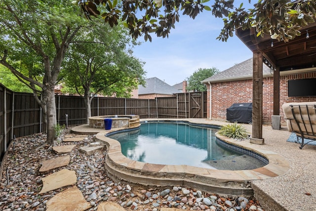 5213 Evening Sun Dr, Frisco, TX 75034 - view of pool featuring a fenced backyard, grilling area, a patio, and a pool with connected hot tub