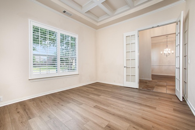 549 Verbena Ln, Frisco, TX 75036 - unfurnished room featuring ornamental molding, french doors, a chandelier, light wood finished floors, and beam ceiling