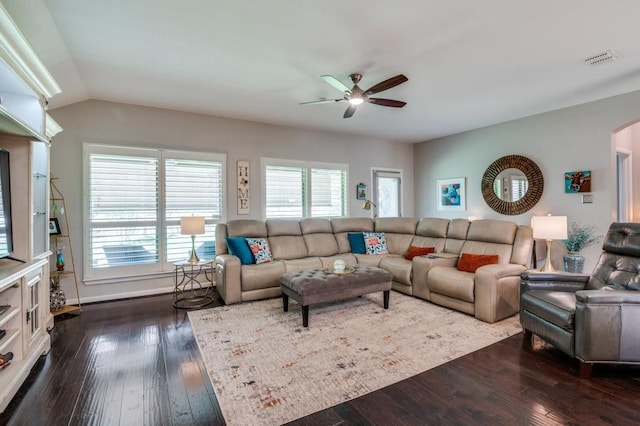 3103 Whispering Pine Blvd, Melissa, TX 75454 - living room featuring ceiling fan, dark wood finished floors, arched walkways, vaulted ceiling, and baseboards
