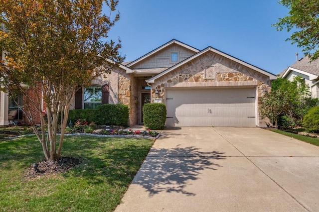 3103 Whispering Pine Blvd, Melissa, TX 75454 - ranch-style home featuring stone siding, an attached garage, concrete driveway, and a front yard