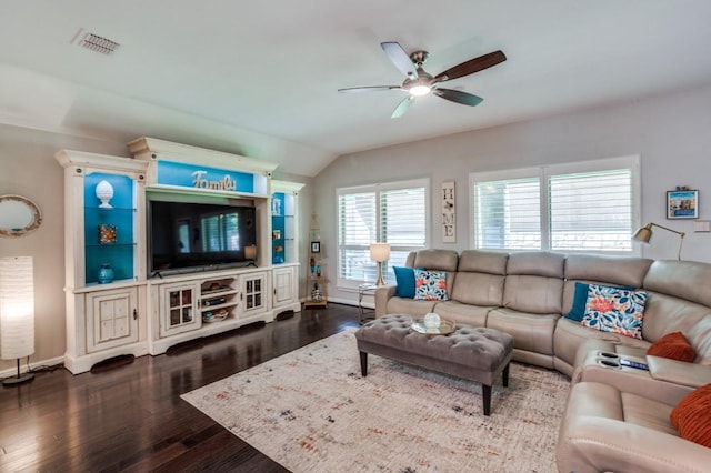3103 Whispering Pine Blvd, Melissa, TX 75454 - living area with ceiling fan, vaulted ceiling, dark wood-style flooring, and baseboards