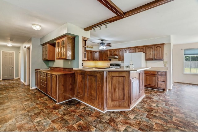 1100 County Road 12200, Paris, TX 75462 - kitchen featuring white fridge with ice dispenser, under cabinet range hood, glass insert cabinets, and baseboards