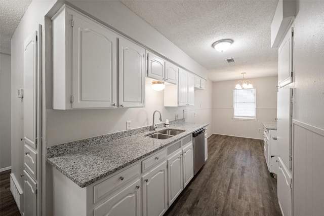 230 NE Craig St, Burleson, TX 76028 - kitchen with dishwasher, a sink, a textured ceiling, white cabinetry, and dark wood-style flooring