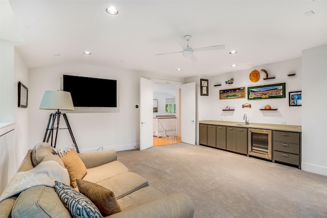 5624 Melshire Dr, Dallas, TX 75230 - living room featuring wine cooler, wet bar, light colored carpet, recessed lighting, and a ceiling fan
