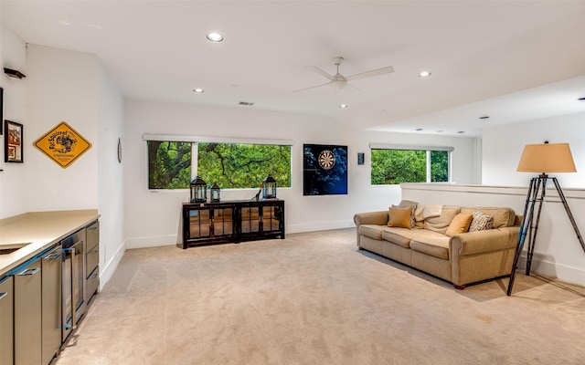 5624 Melshire Dr, Dallas, TX 75230 - living room with light carpet, a ceiling fan, recessed lighting, and baseboards