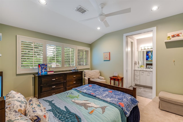 5624 Melshire Dr, Dallas, TX 75230 - bedroom with recessed lighting, vaulted ceiling, carpet, ceiling fan, and ensuite bathroom