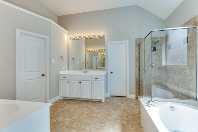 225 Tipperary Dr, Keller, TX 76248 - full bath with lofted ceiling, a stall shower, vanity, and a bath