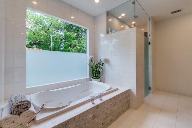 4678 Christopher Pl, Dallas, TX 75204 - full bathroom featuring tile patterned flooring, a tile shower, a whirlpool tub, and recessed lighting