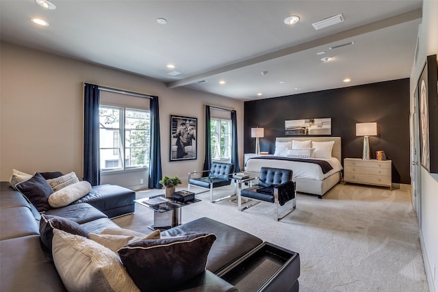 4678 Christopher Pl, Dallas, TX 75204 - bedroom with light carpet, recessed lighting, baseboards, and beamed ceiling