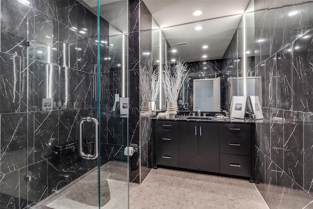4678 Christopher Pl, Dallas, TX 75204 - full bath featuring tile walls, a marble finish shower, and vanity