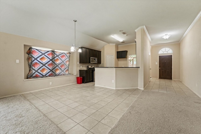 131 Wandering Dr, Forney, TX 75126 - kitchen featuring light tile patterned floors, stainless steel microwave, open floor plan, crown molding, and baseboards